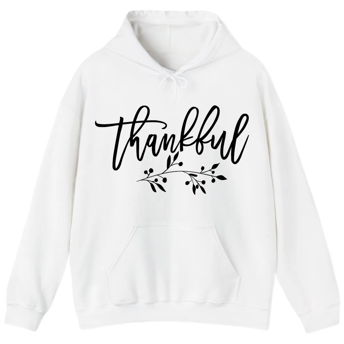 Thankful Script with Botanical Accent Hoodie in White
