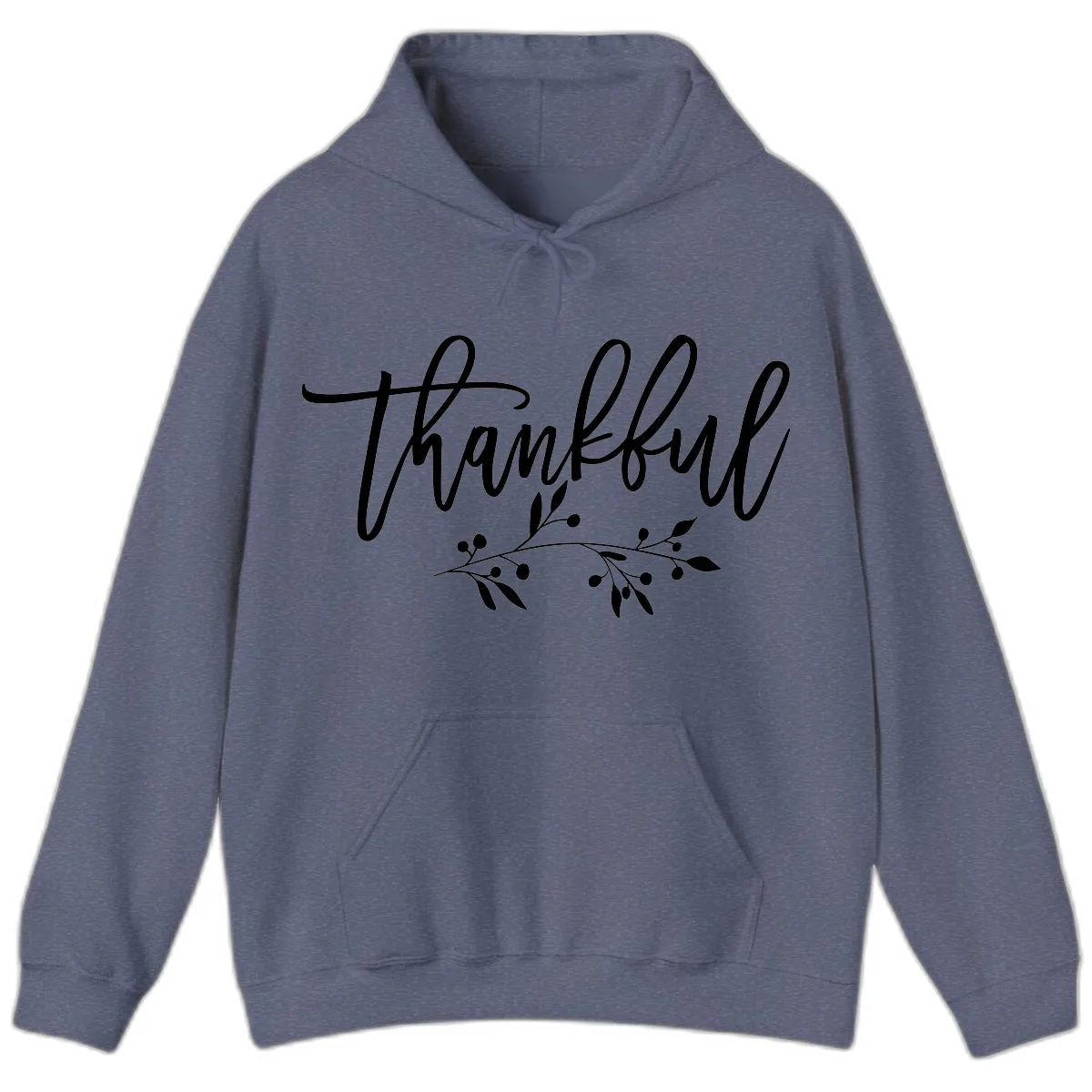 Thankful Script with Botanical Accent Hoodie in Heather Navy