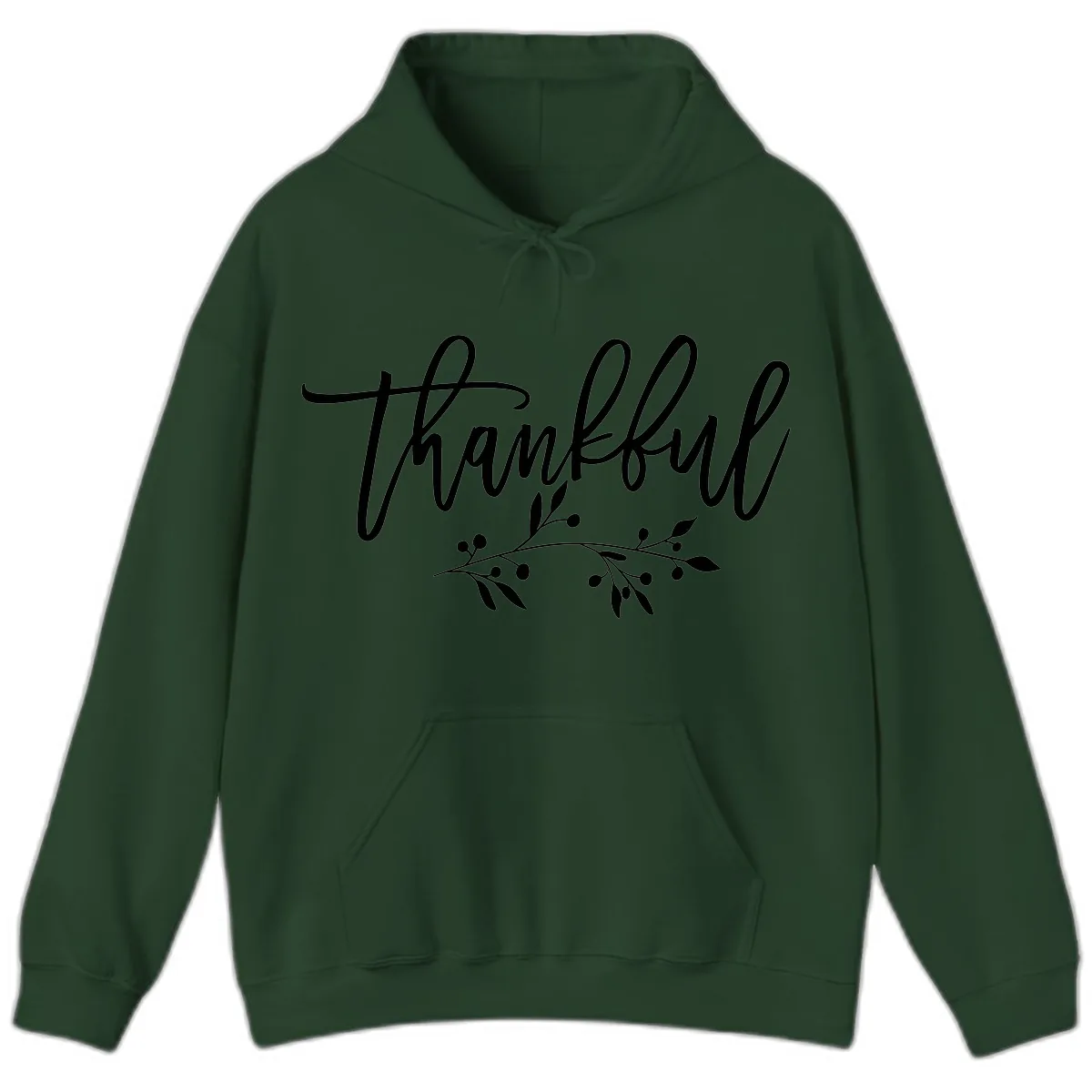 Thankful Script with Botanical Accent Hoodie in Forest Green