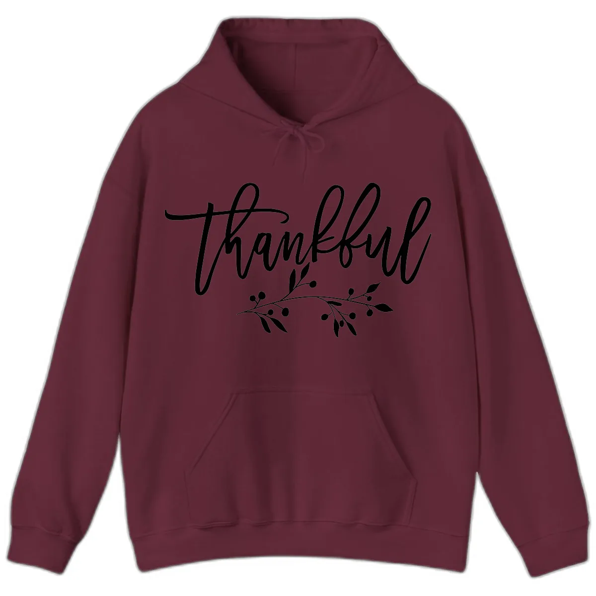 Thankful Script with Botanical Accent Hoodie in Maroon