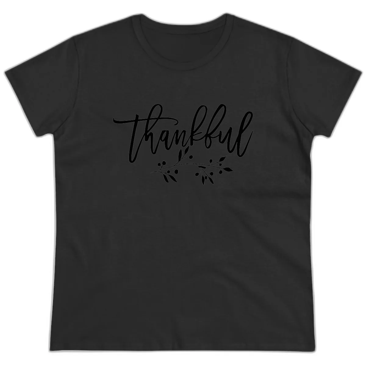 Thankful Script with Botanical Accent Ladies Tee in Black