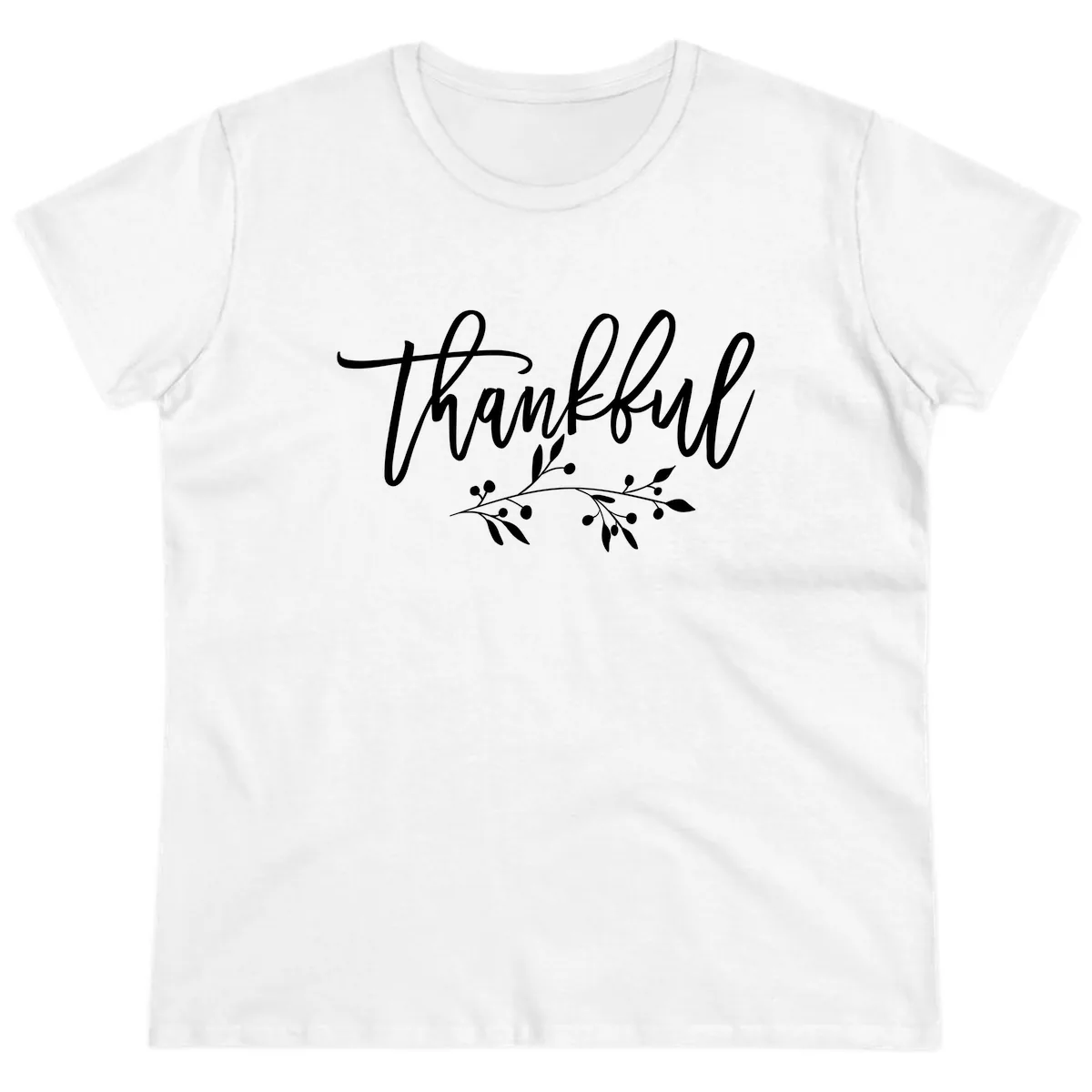Thankful Script with Botanical Accent Ladies Tee in White