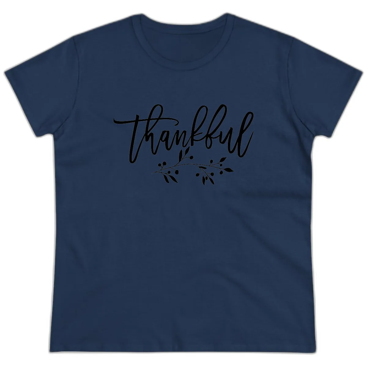 Thankful Script with Botanical Accent Ladies Tee in Navy