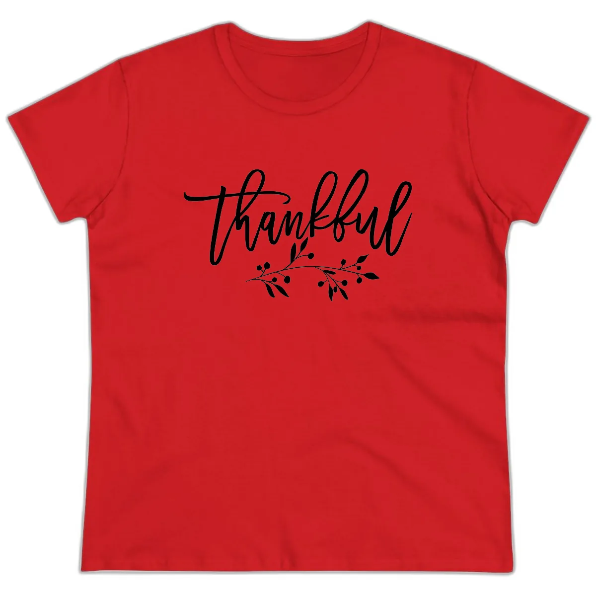 Thankful Script with Botanical Accent Ladies Tee in Red