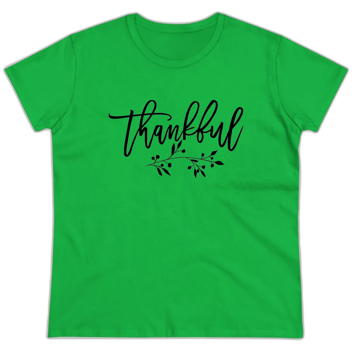 Thankful Script with Botanical Accent Ladies Tee in Irish Green