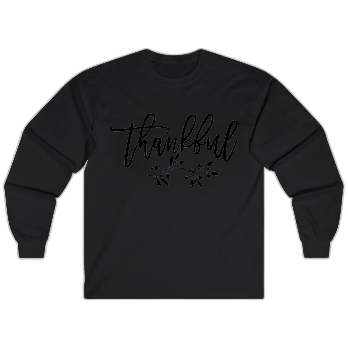Thankful Script with Botanical Accent Long Sleeve in Black