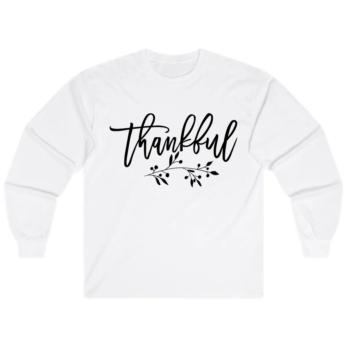 Thankful Script with Botanical Accent Long Sleeve in White