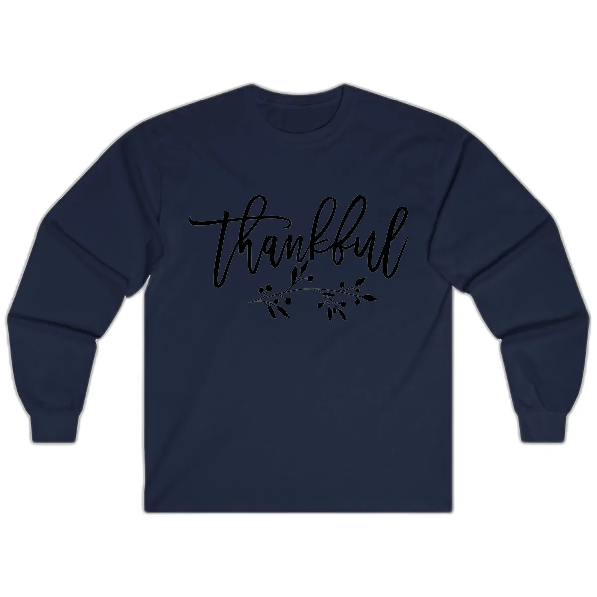 Thankful Script with Botanical Accent Long Sleeve in Navy