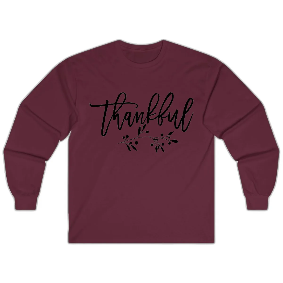 Thankful Script with Botanical Accent Long Sleeve in Maroon
