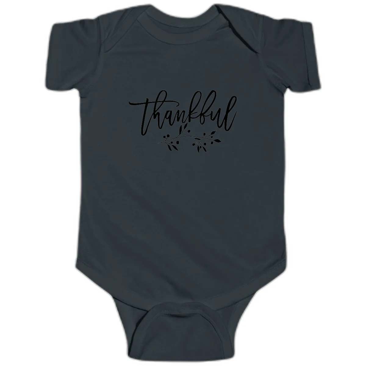 Thankful Script with Botanical Accent Baby Onesie in Black