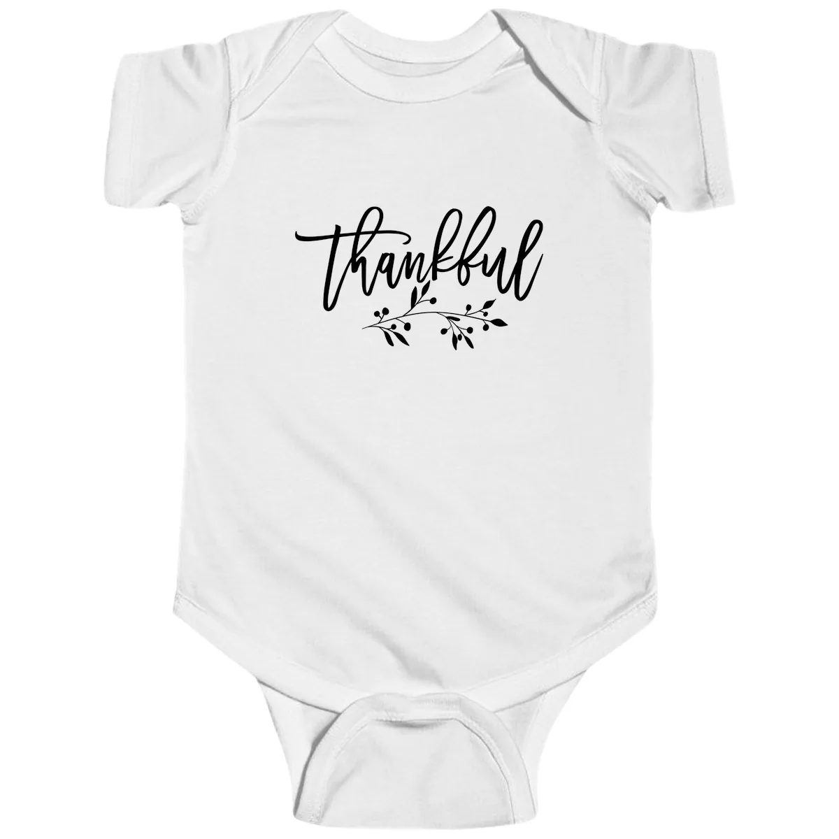Thankful Script with Botanical Accent Baby Onesie in White