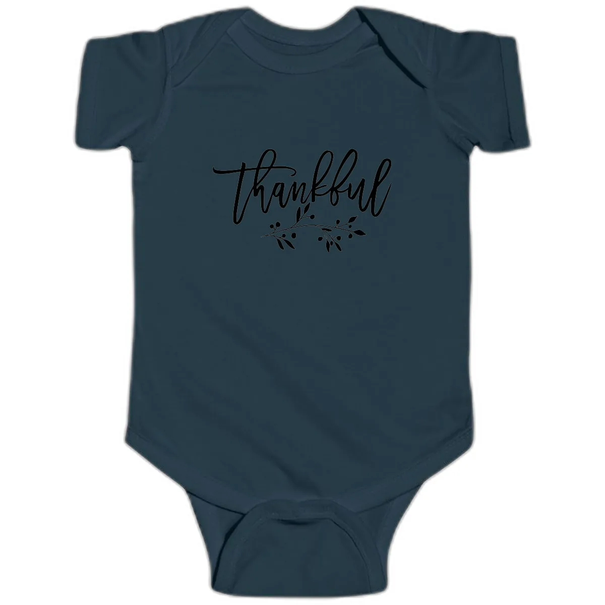 Thankful Script with Botanical Accent Baby Onesie in Navy