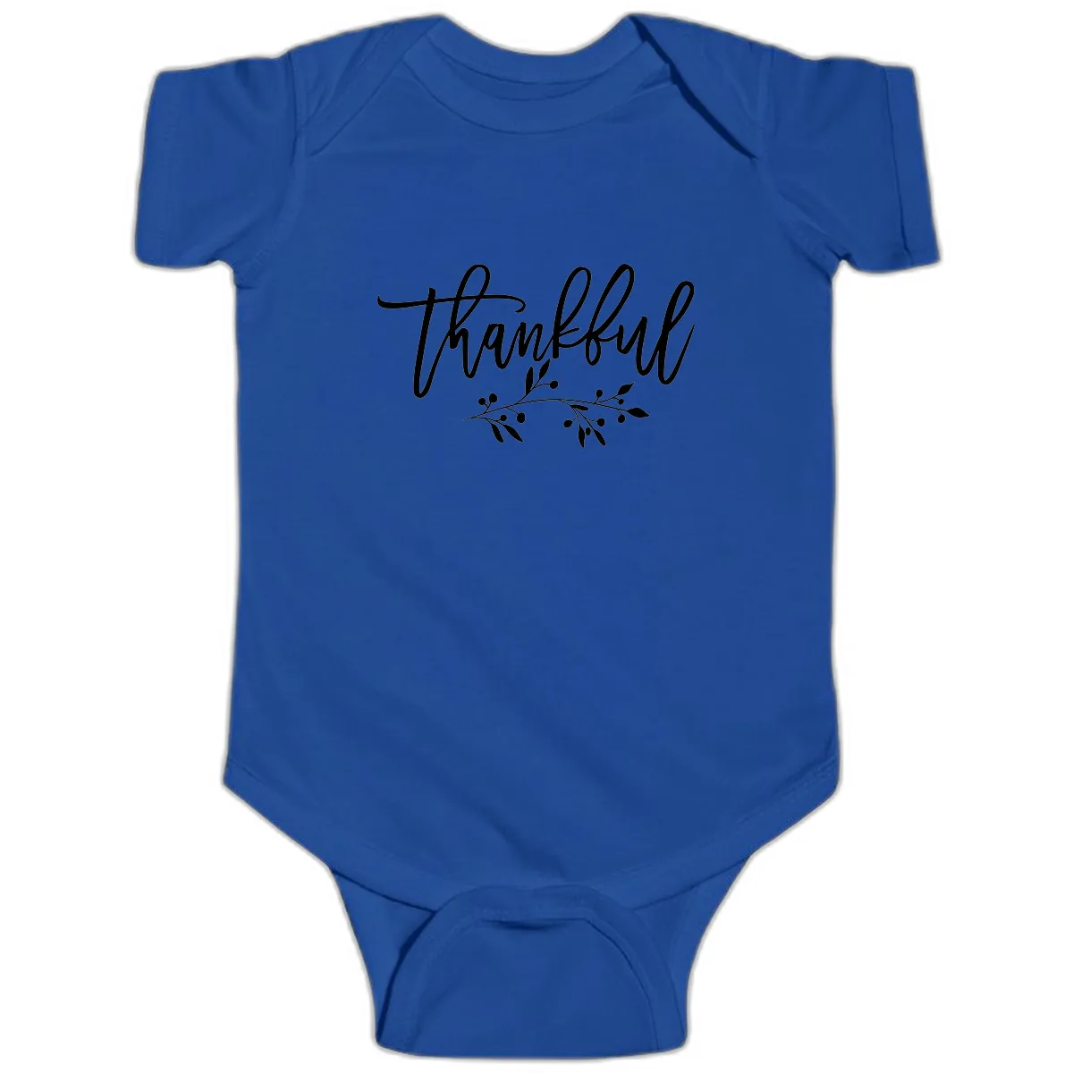 Thankful Script with Botanical Accent Baby Onesie in Royal