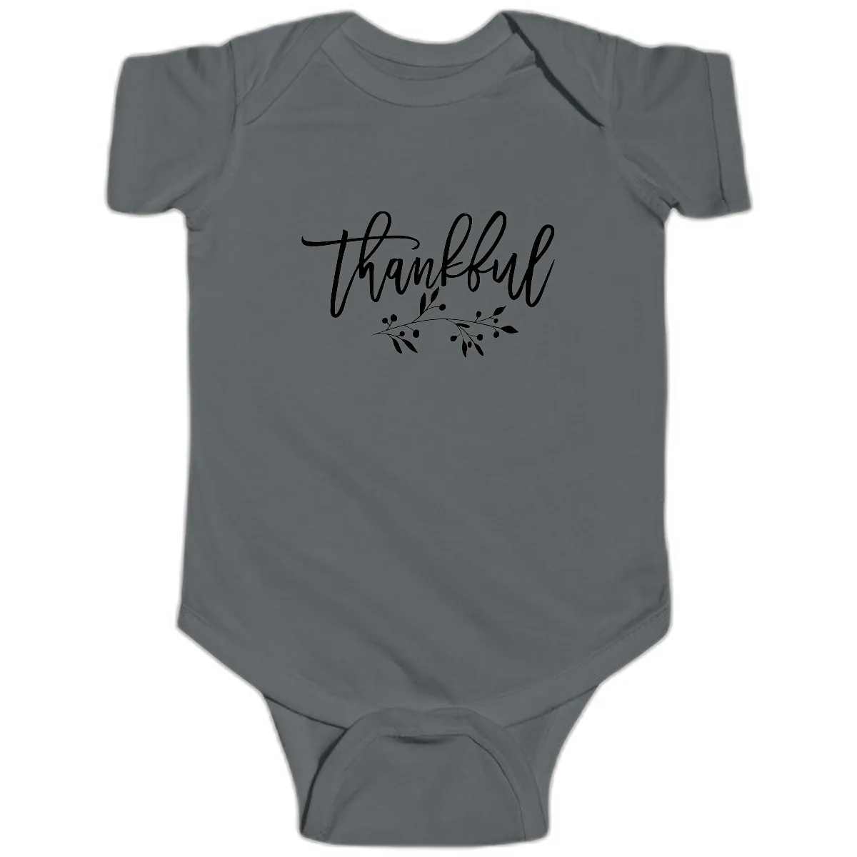 Thankful Script with Botanical Accent Baby Onesie in Charcoal