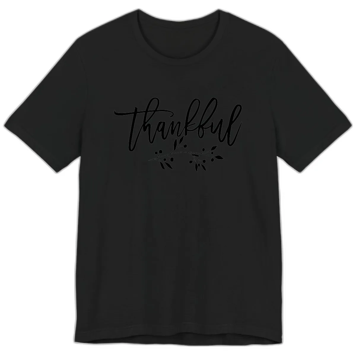 Thankful Script with Botanical Accent Premium T-Shirt in Black