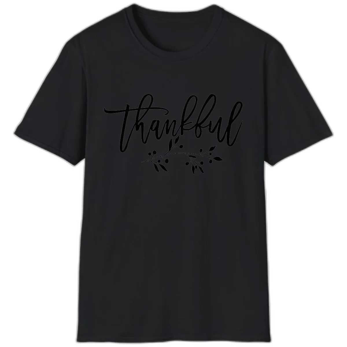 Thankful Script with Botanical Accent T-Shirt in Black