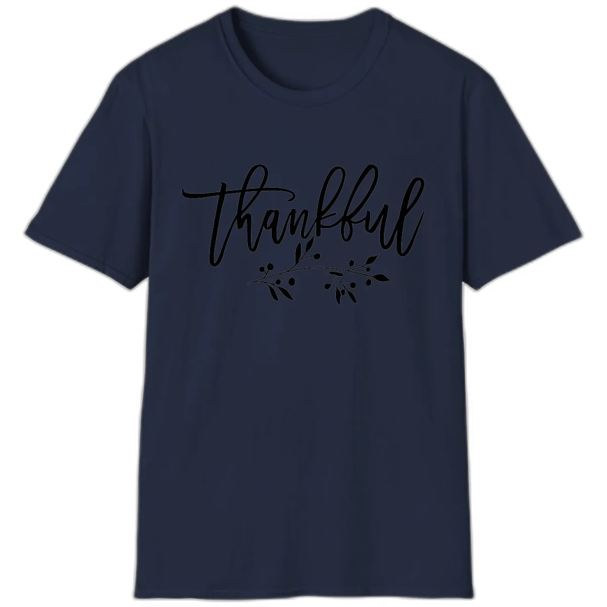 Thankful Script with Botanical Accent T-Shirt in Navy