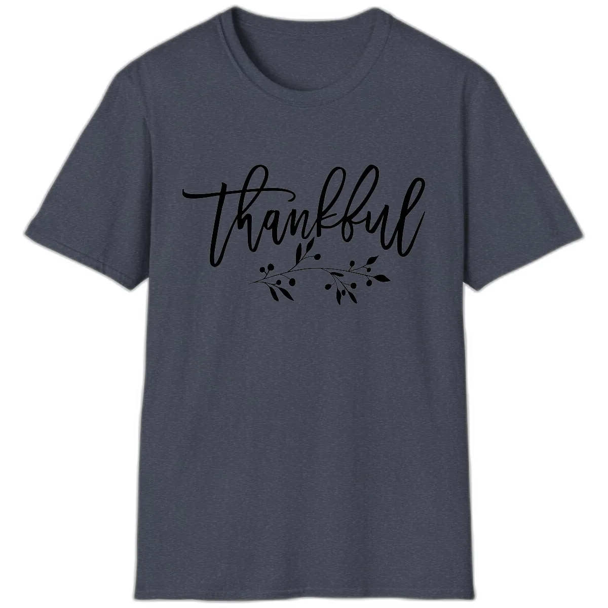 Thankful Script with Botanical Accent T-Shirt in Heather Navy