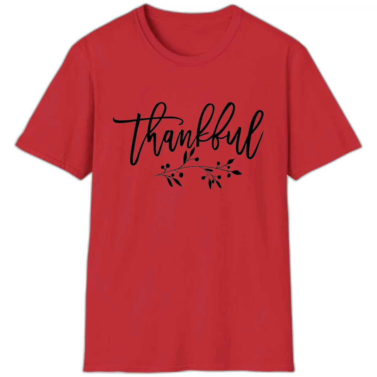 Thankful Script with Botanical Accent T-Shirt in Red