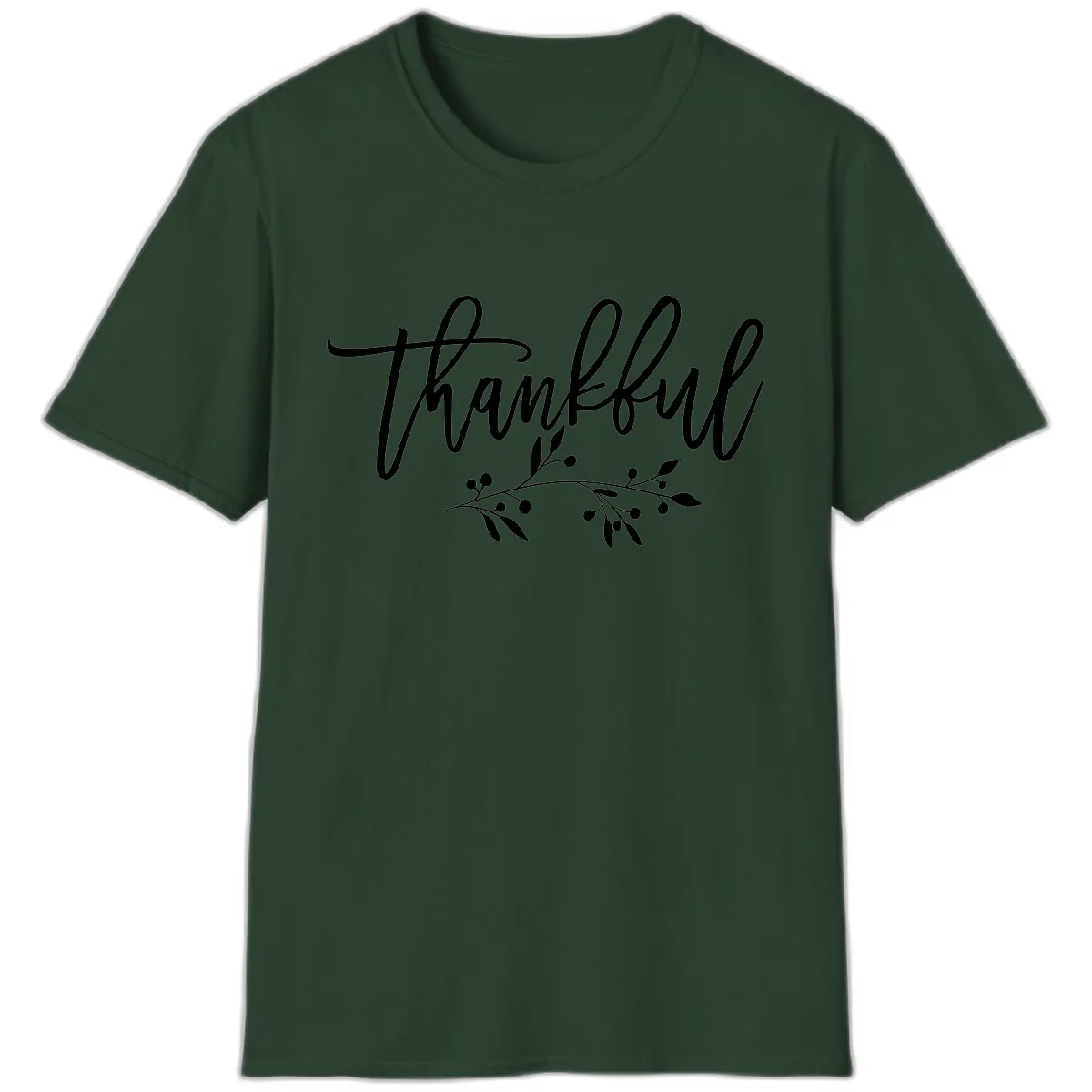 Thankful Script with Botanical Accent T-Shirt in Forest Green