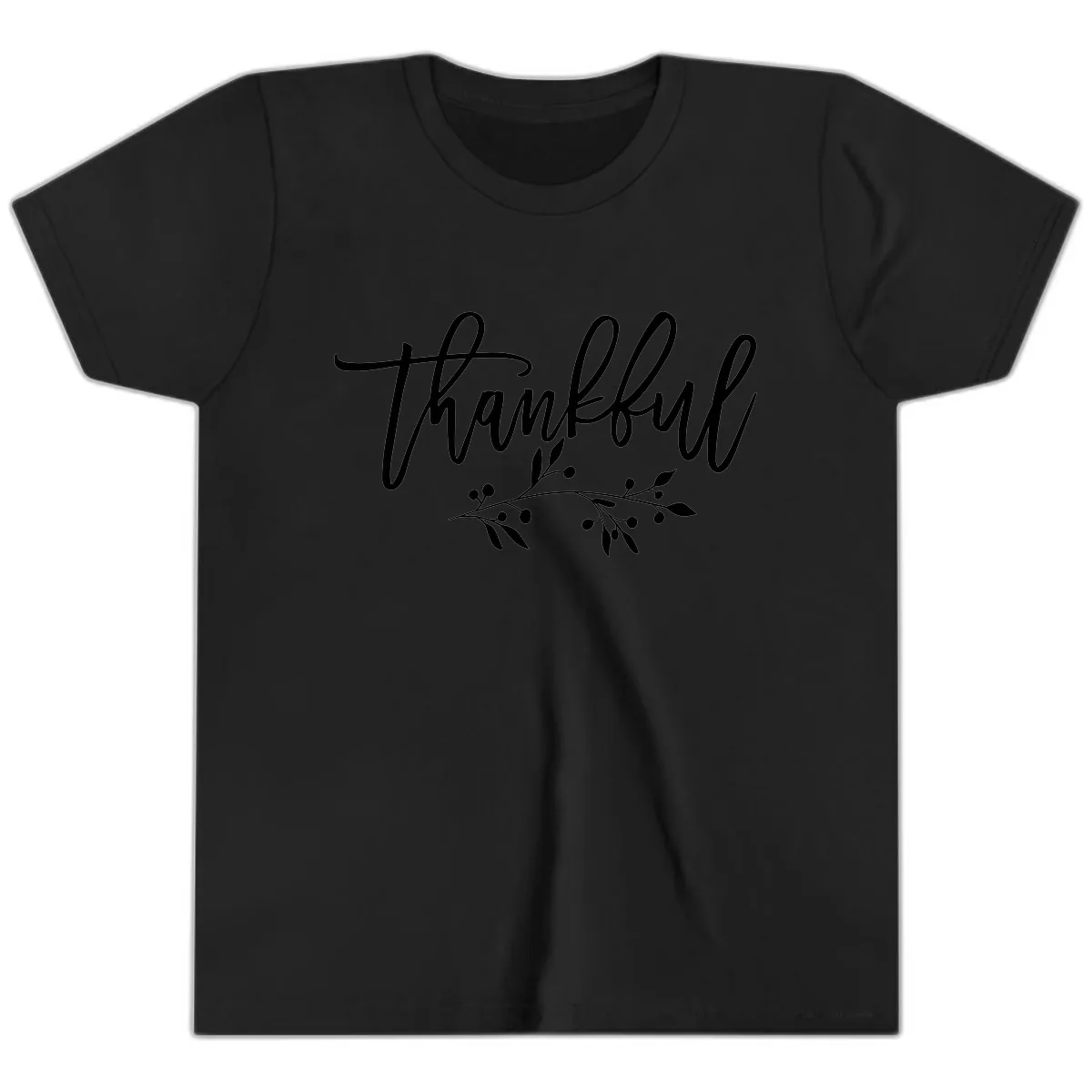 Thankful Script with Botanical Accent Youth T-Shirt in Black