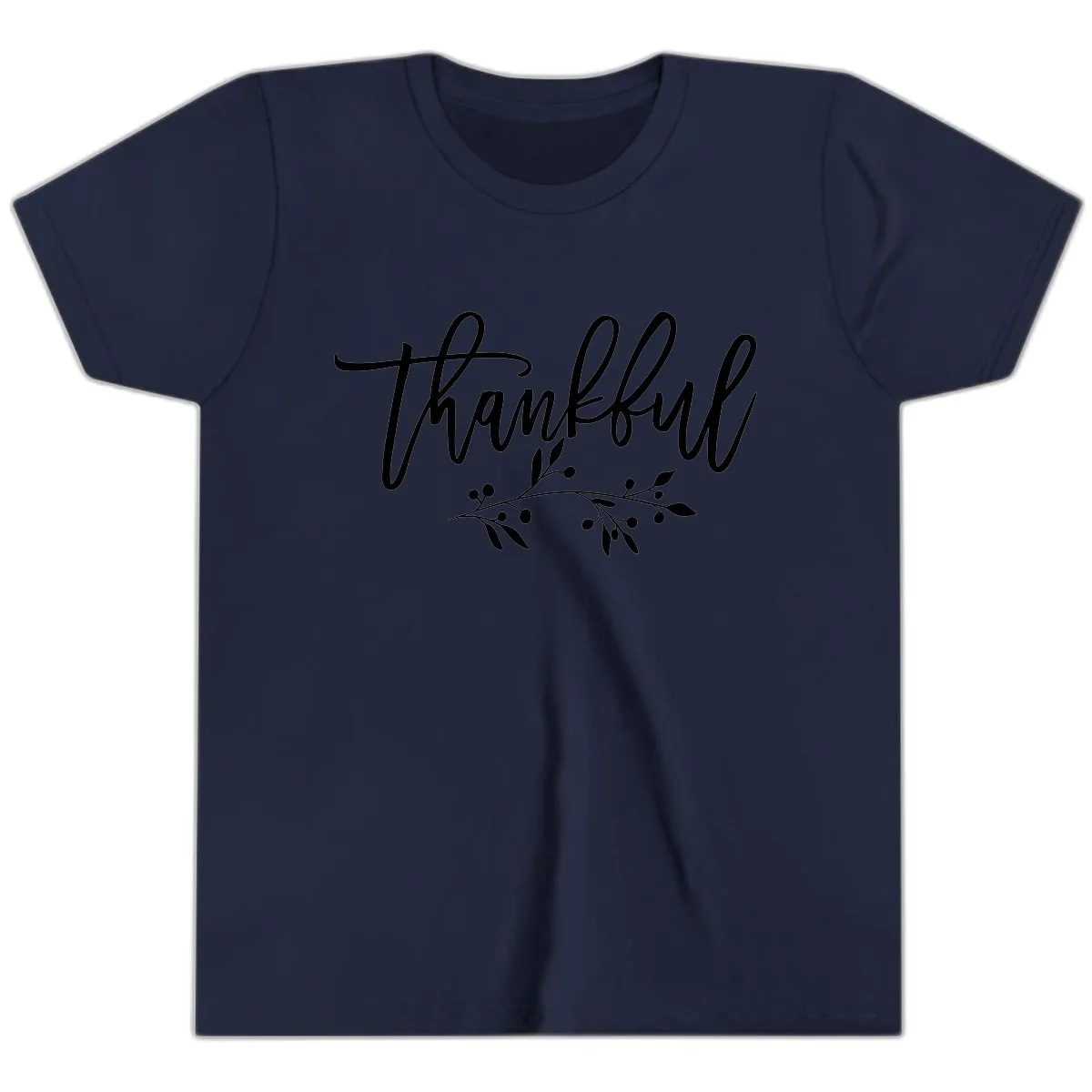 Thankful Script with Botanical Accent Youth T-Shirt in Navy