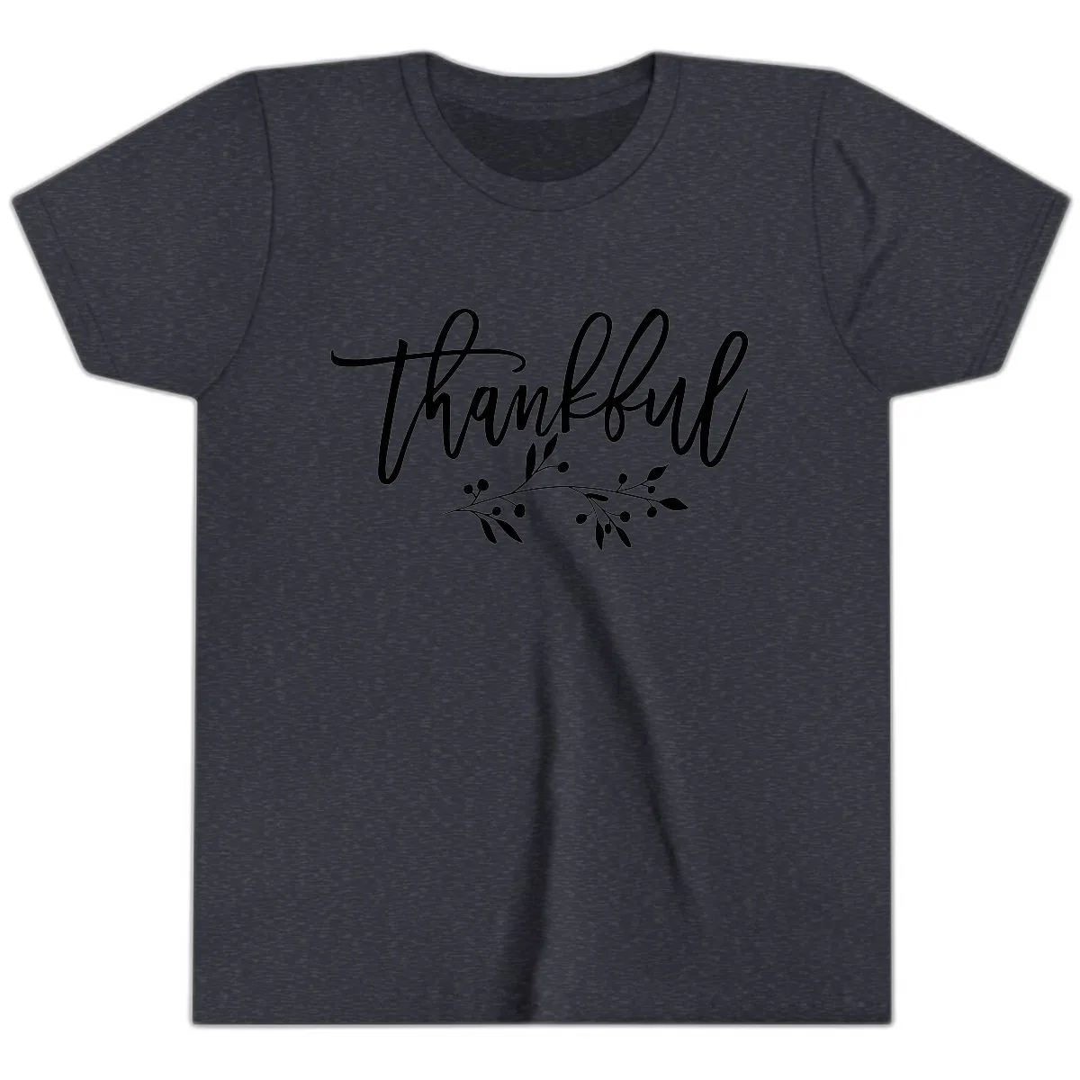 Thankful Script with Botanical Accent Youth T-Shirt in Heather Navy