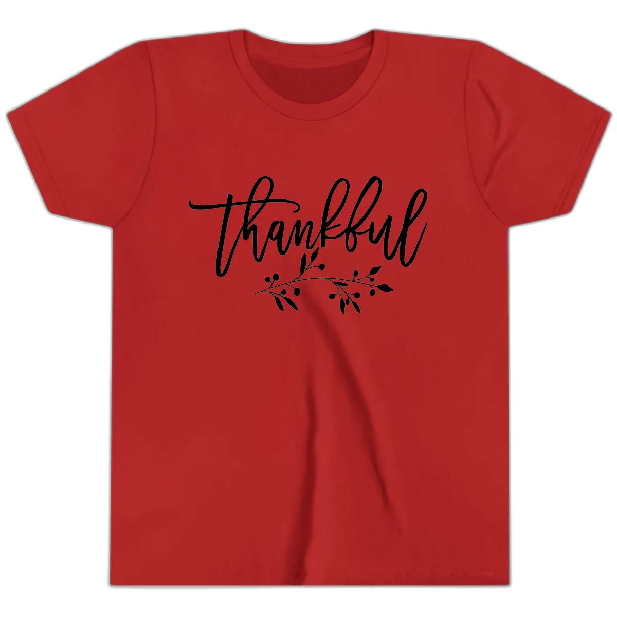 Thankful Script with Botanical Accent Youth T-Shirt in Red