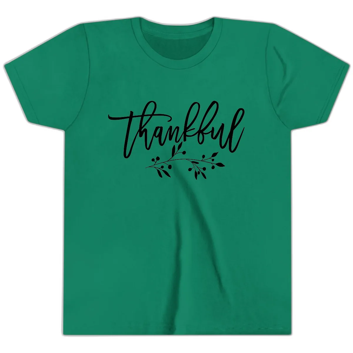 Thankful Script with Botanical Accent Youth T-Shirt in Kelly