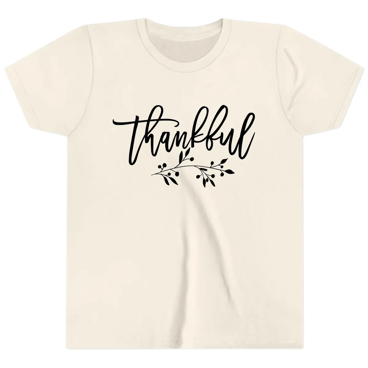 Thankful Script with Botanical Accent Youth T-Shirt in Natural