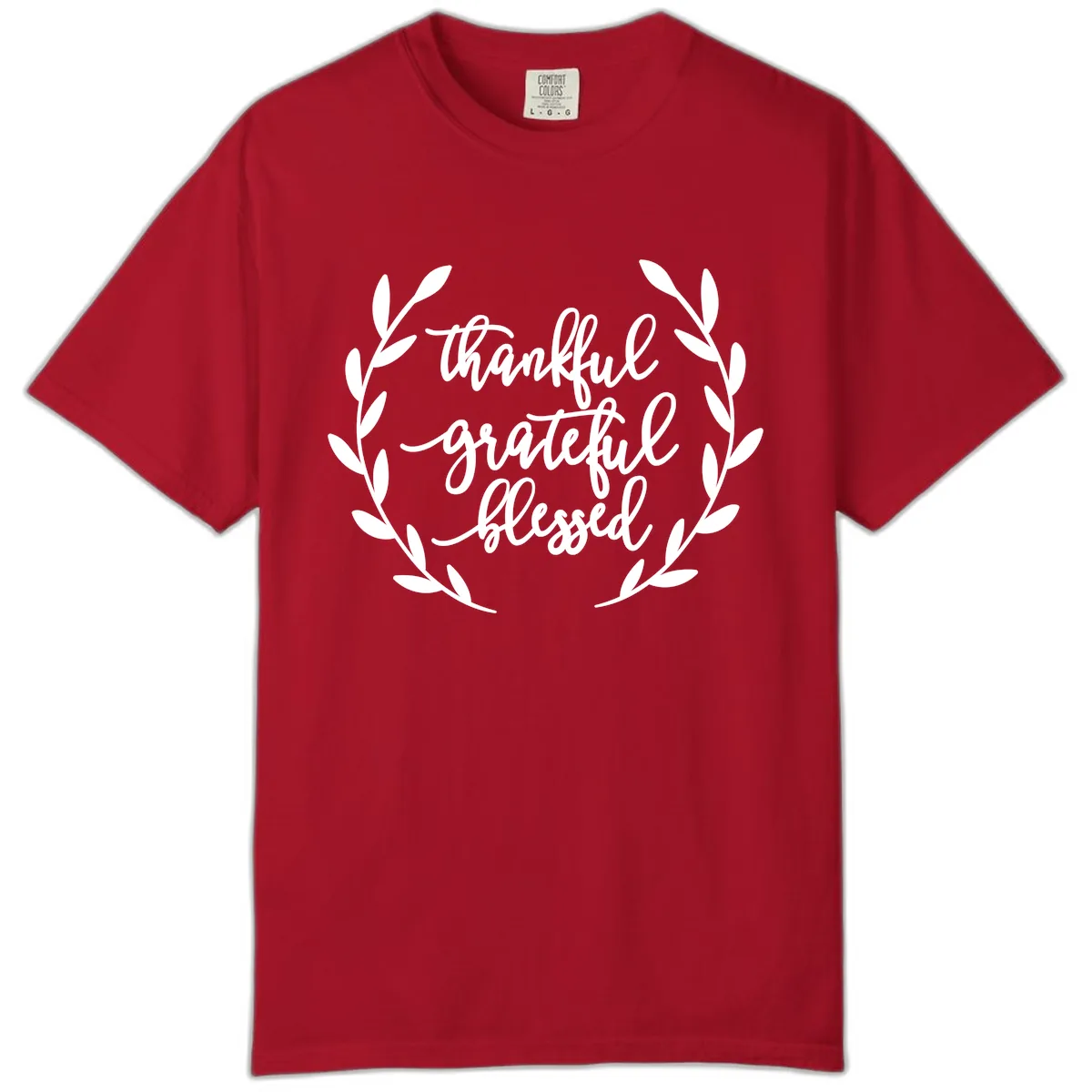 Thankful Grateful Blessed Wreath Design Comfort Color in Red