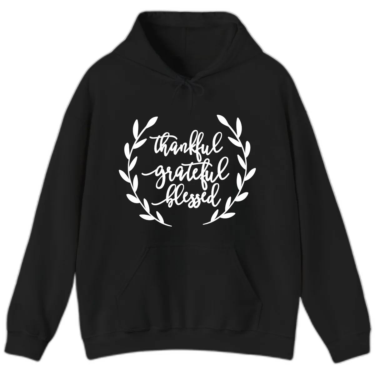 Thankful Grateful Blessed Wreath Design Hoodie in Black