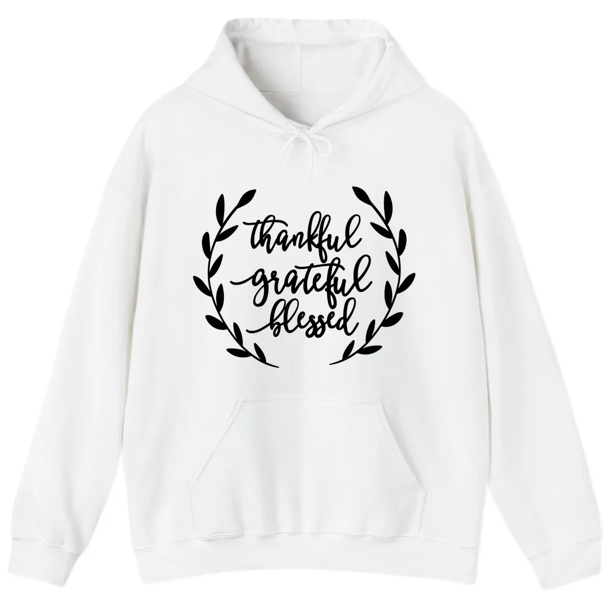 Thankful Grateful Blessed Wreath Design Hoodie in White