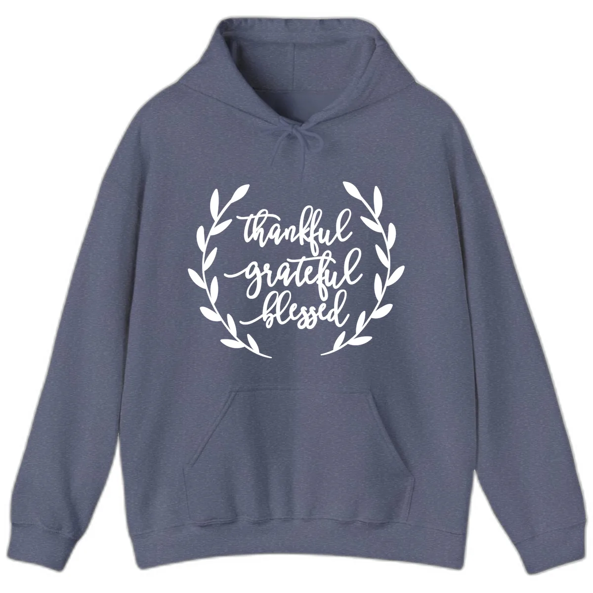 Thankful Grateful Blessed Wreath Design Hoodie in Heather Navy