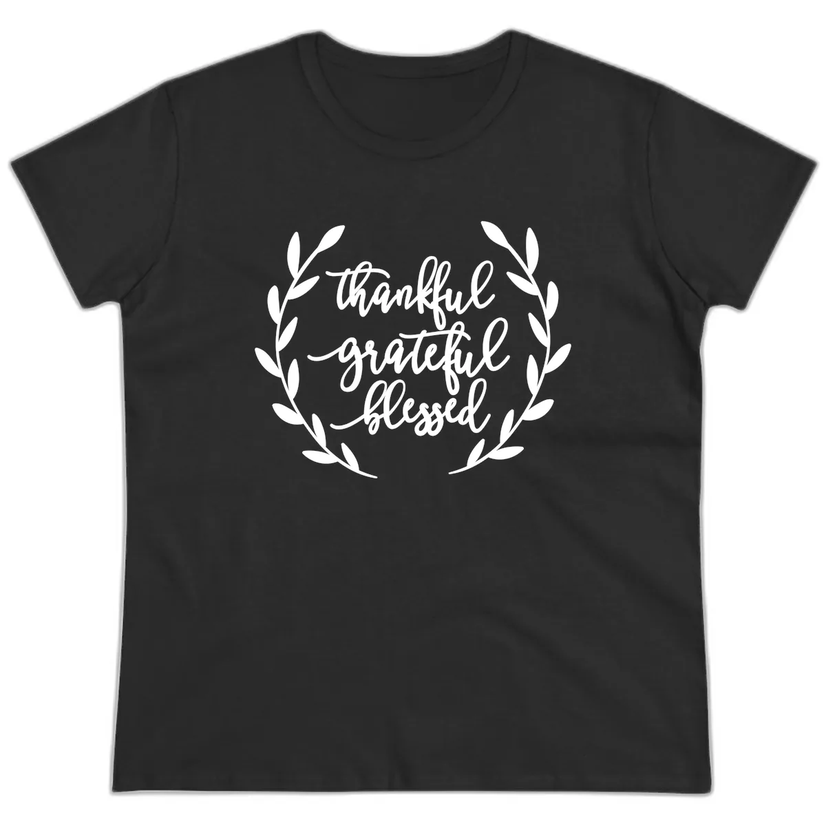 Thankful Grateful Blessed Wreath Design Ladies Tee in Black