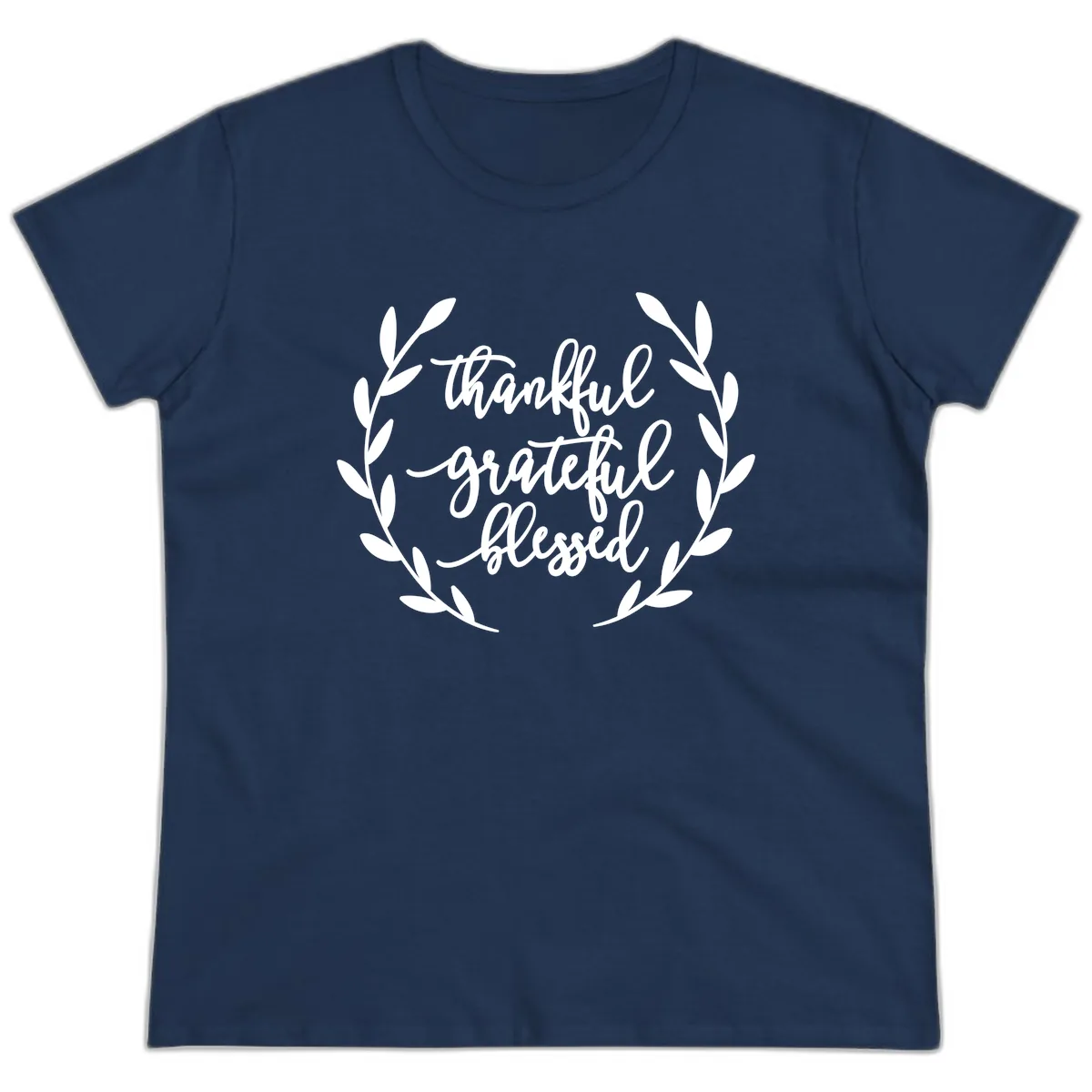 Thankful Grateful Blessed Wreath Design Ladies Tee in Navy