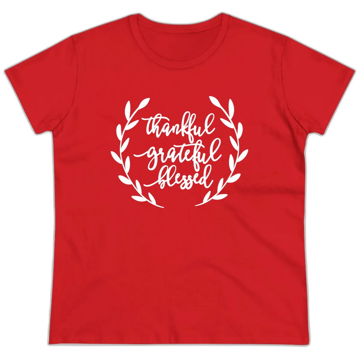 Thankful Grateful Blessed Wreath Design Ladies Tee in Red
