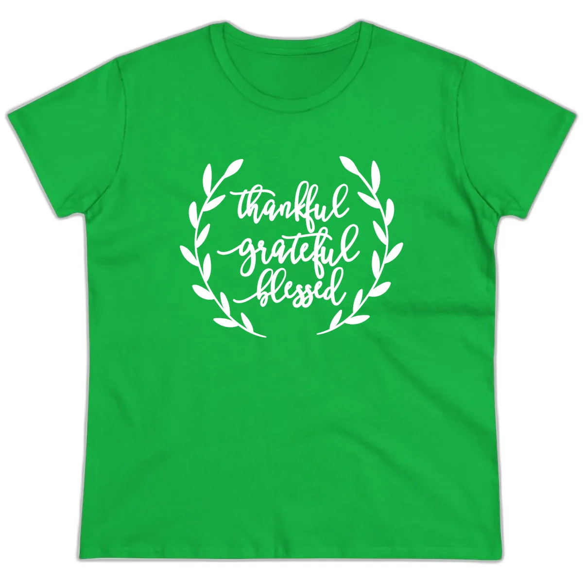 Thankful Grateful Blessed Wreath Design Ladies Tee in Irish Green