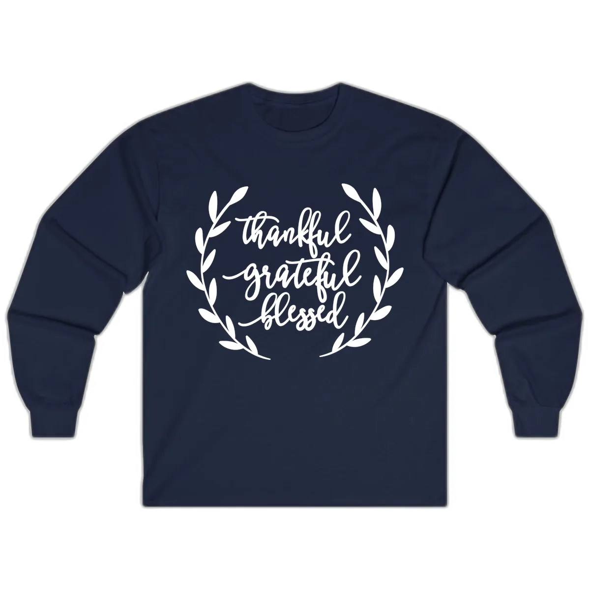 Thankful Grateful Blessed Wreath Design Long Sleeve in Navy