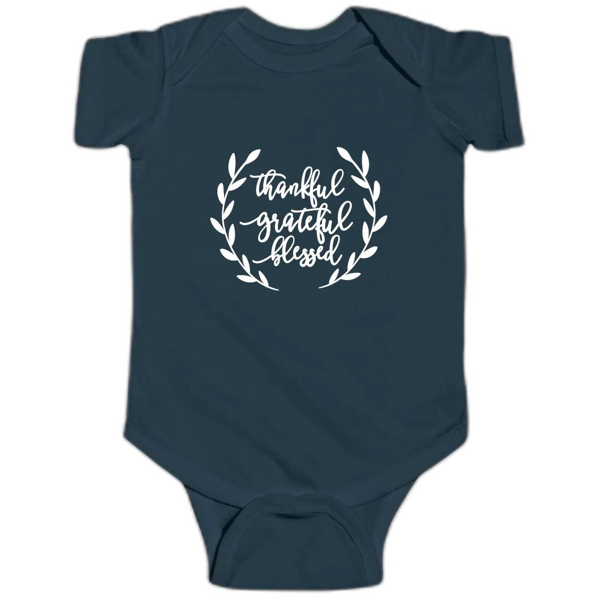 Thankful Grateful Blessed Wreath Design Baby Onesie in Navy