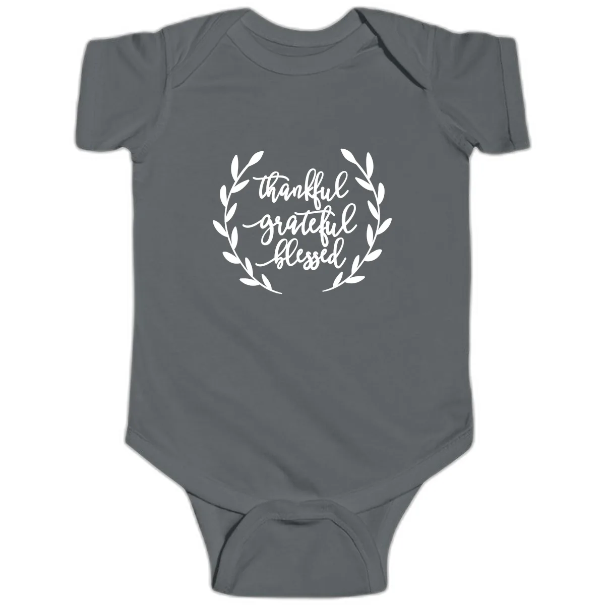 Thankful Grateful Blessed Wreath Design Baby Onesie in Charcoal