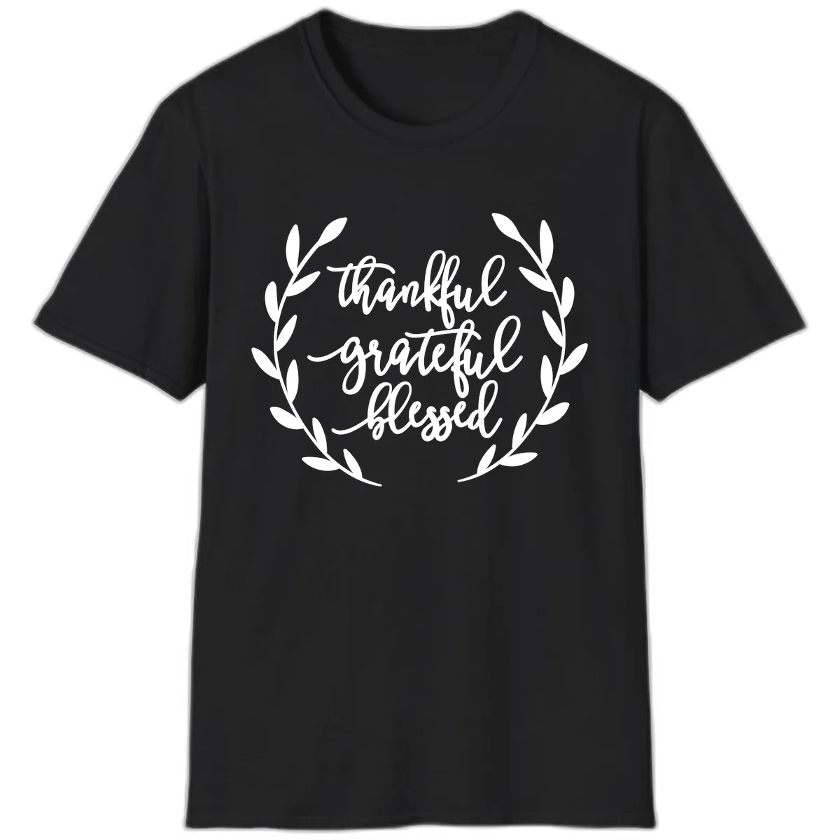 Thankful Grateful Blessed Wreath Design T-Shirt in Black