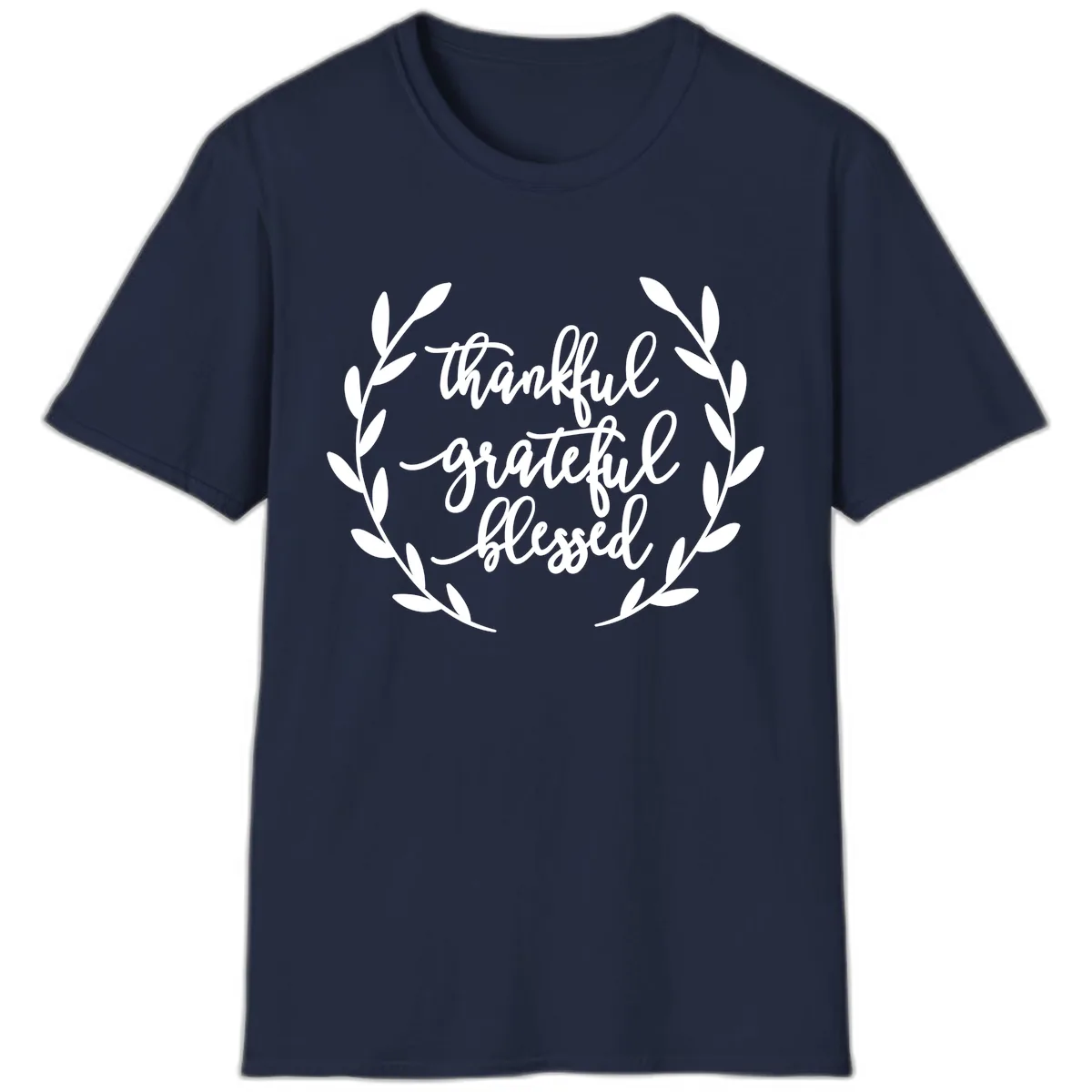 Thankful Grateful Blessed Wreath Design T-Shirt in Navy