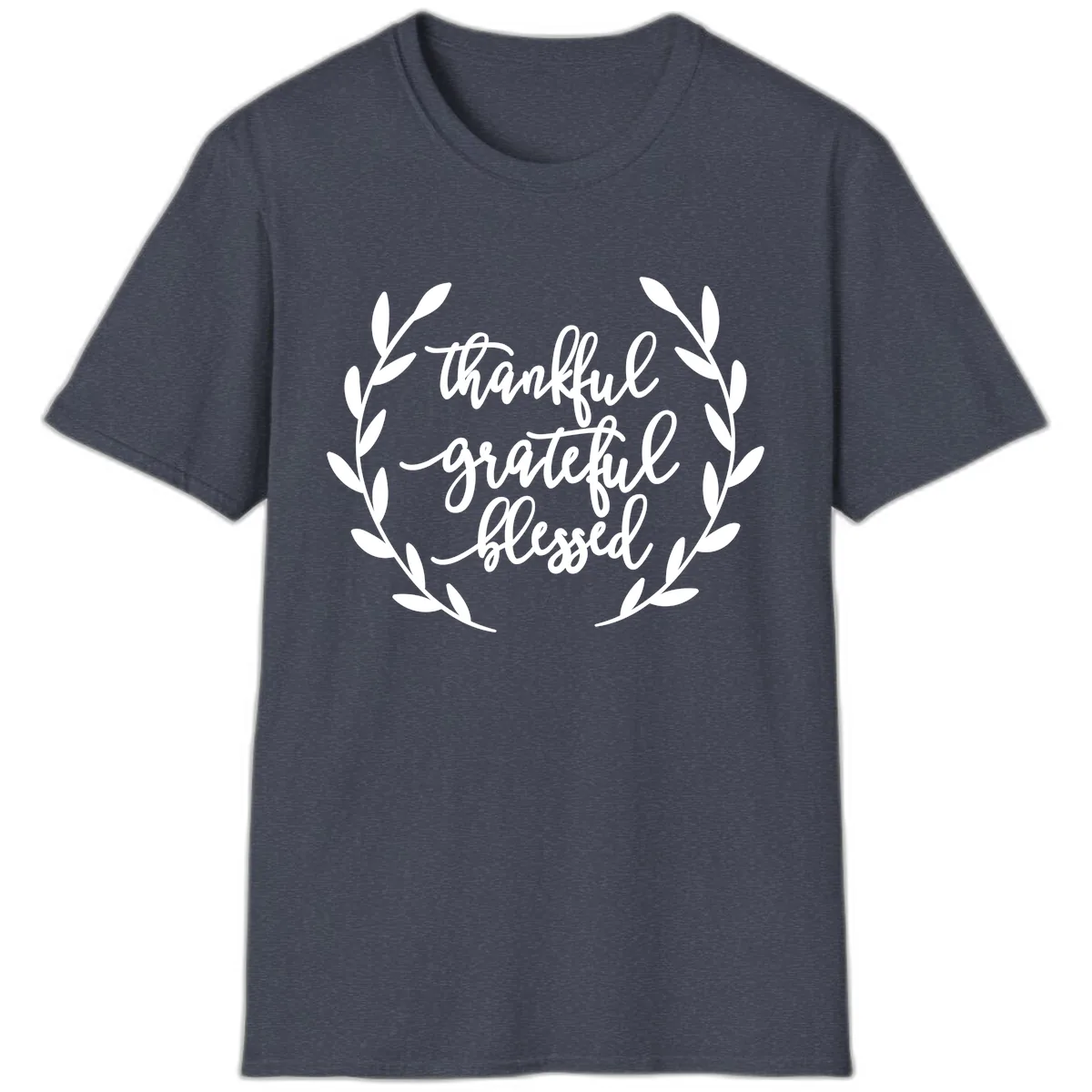 Thankful Grateful Blessed Wreath Design T-Shirt in Heather Navy