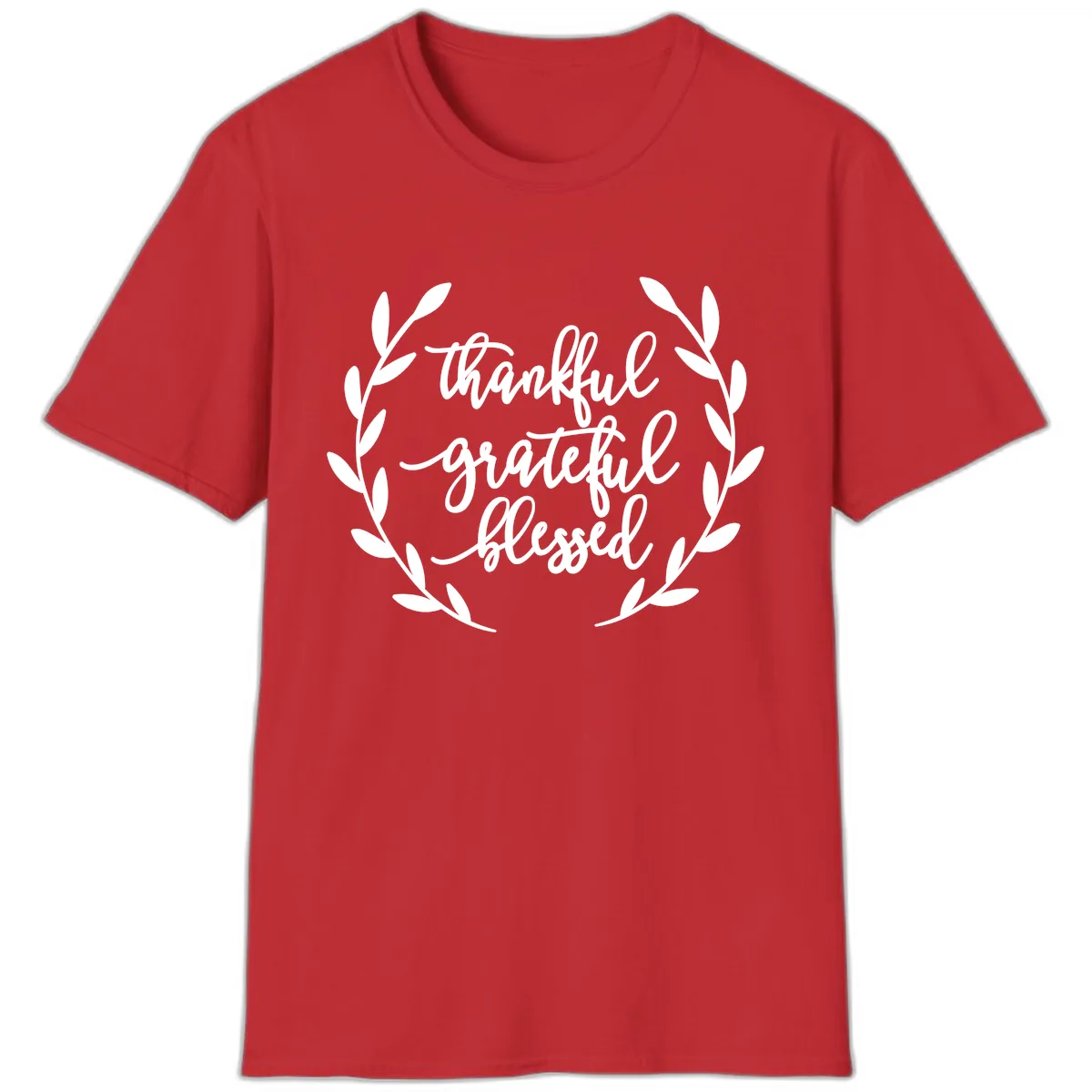 Thankful Grateful Blessed Wreath Design T-Shirt in Red
