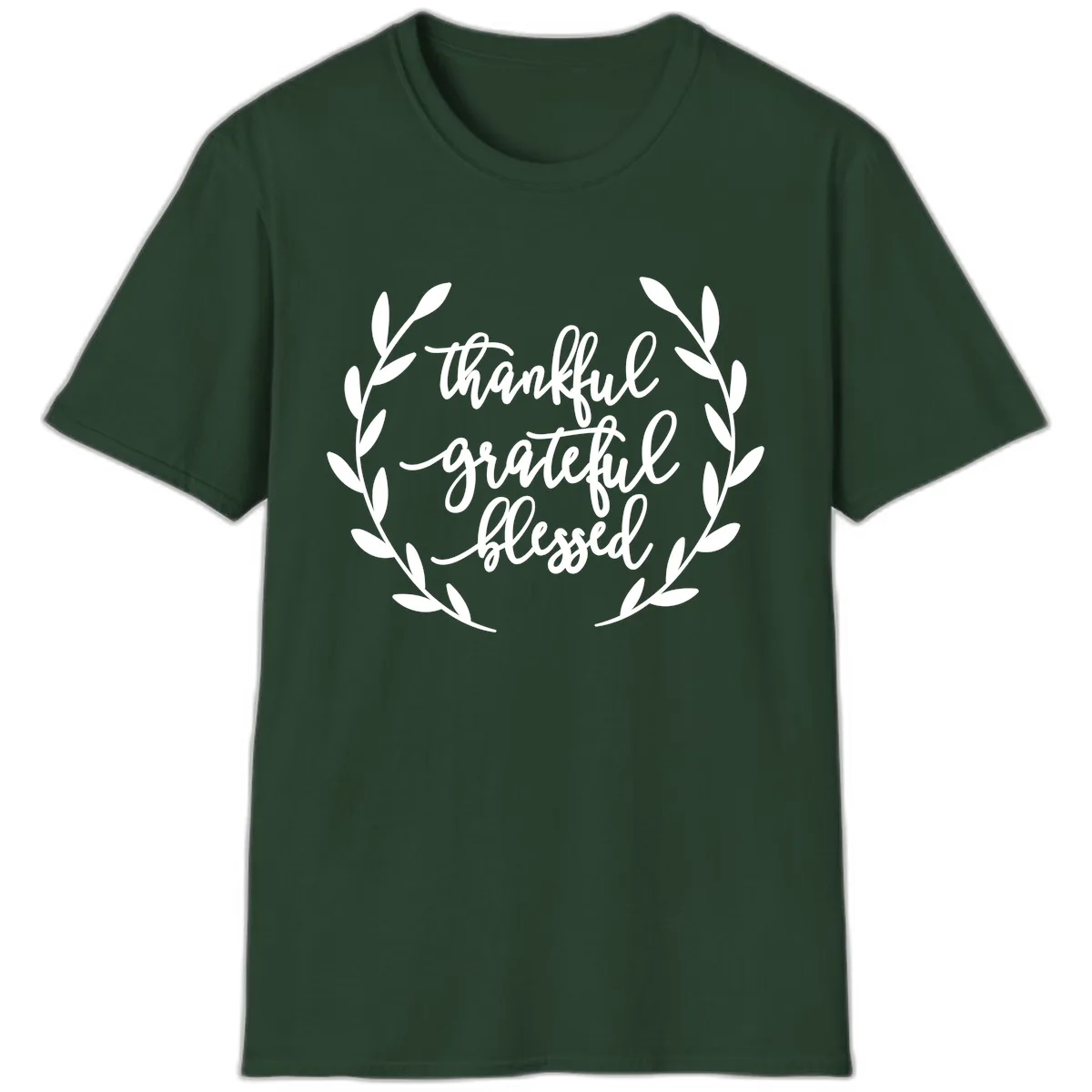 Thankful Grateful Blessed Wreath Design T-Shirt in Forest Green