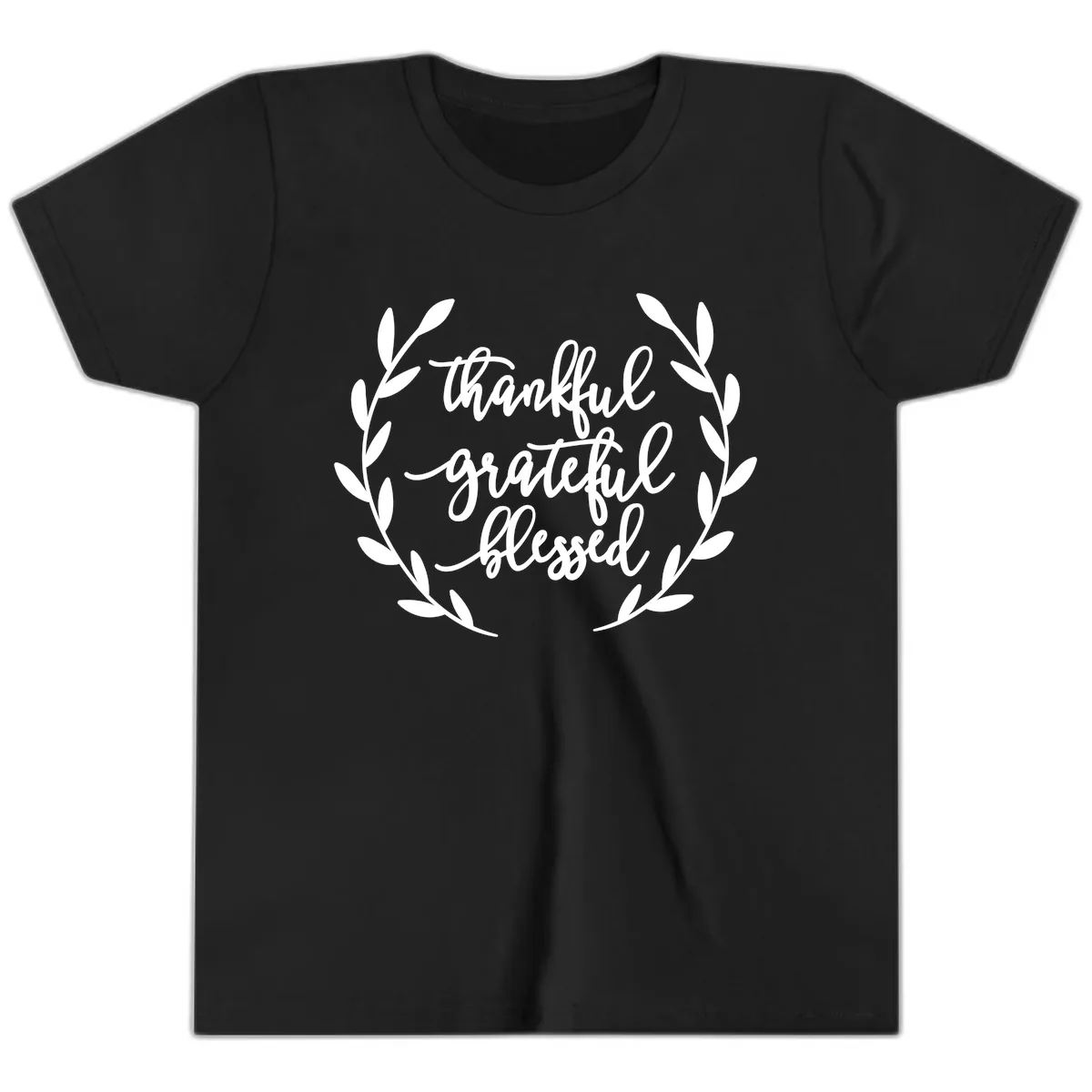 Thankful Grateful Blessed Wreath Design Youth T-Shirt in Black