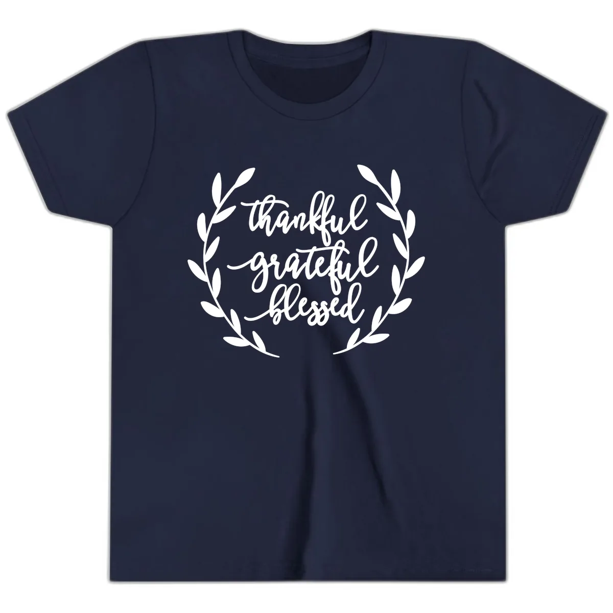 Thankful Grateful Blessed Wreath Design Youth T-Shirt in Navy