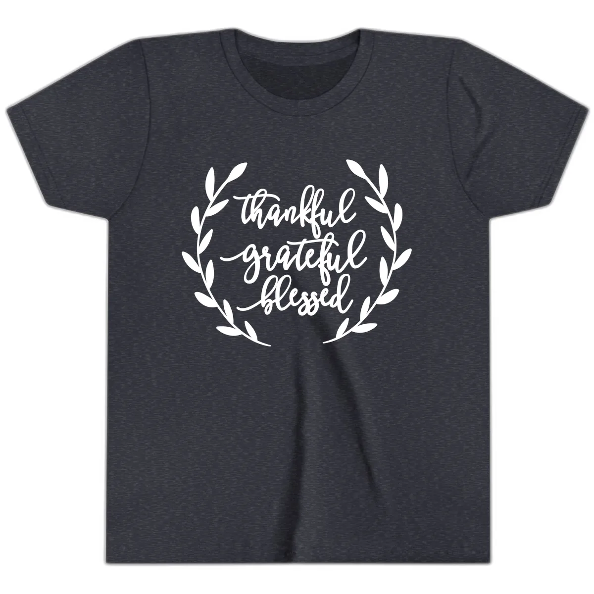 Thankful Grateful Blessed Wreath Design Youth T-Shirt in Heather Navy