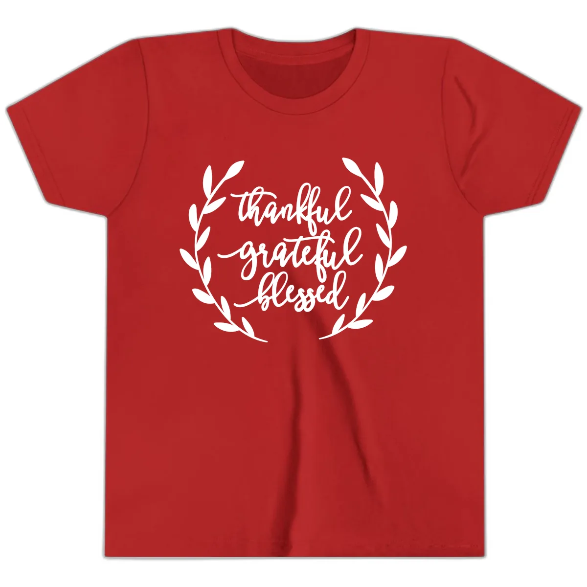 Thankful Grateful Blessed Wreath Design Youth T-Shirt in Red